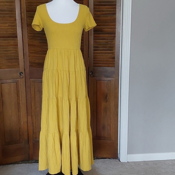 Maeve Anthropologie Mustard Yellow Gillian Tiered Maxi Dress sz S milkmaid - Picture 4 of 10